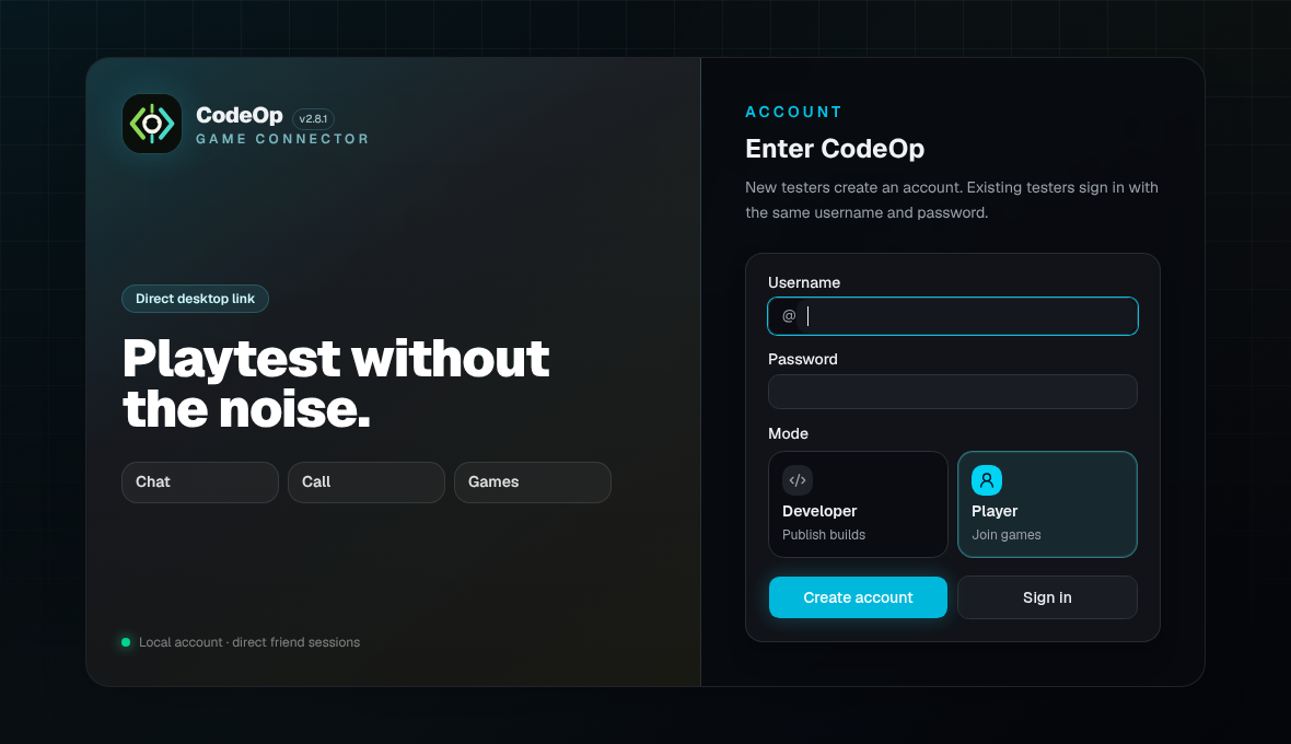 CodeOp account screen screenshot