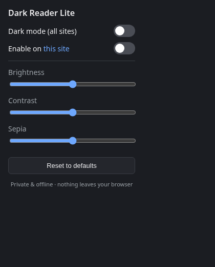 Dark Reader Lite popup screenshot